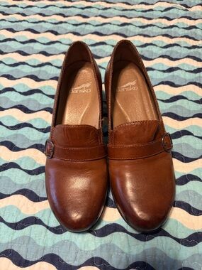 Dansko Brown Leather Slip-On Loafers with Buckle Accent
